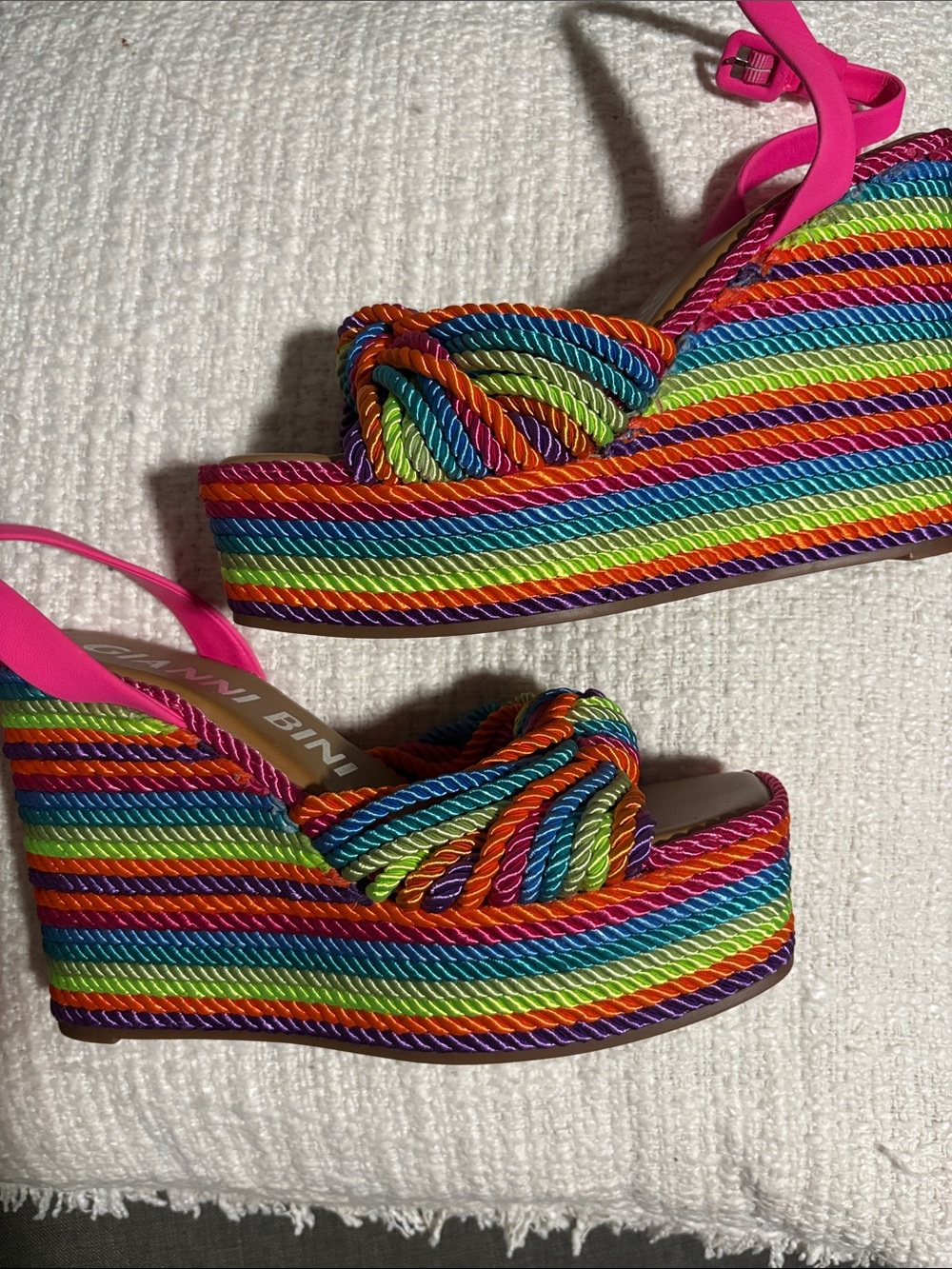 Gianni Bini Rainbow Rope Wedge Sandals with Hot Pink Straps